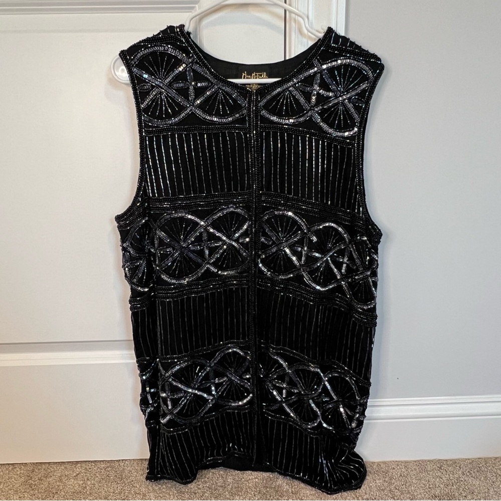 VTG Marry Mcfadded Black Beaded Sequin Silk Sleeveless Tunic Wmn Med Art To Wear